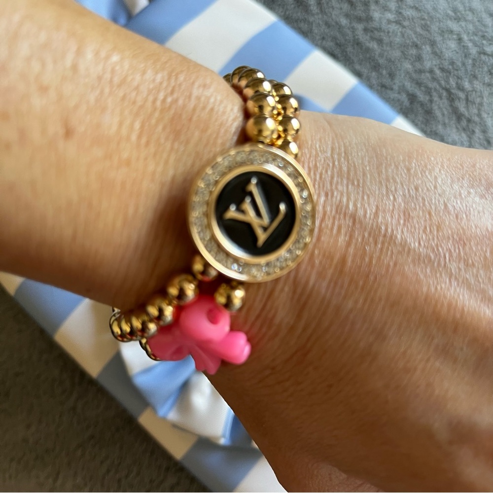 Repurposed LV button charm bracelet with gold filled tarnish free beads